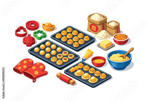 Baking traditional Chinese New Year cookies with festive molds and ingredients