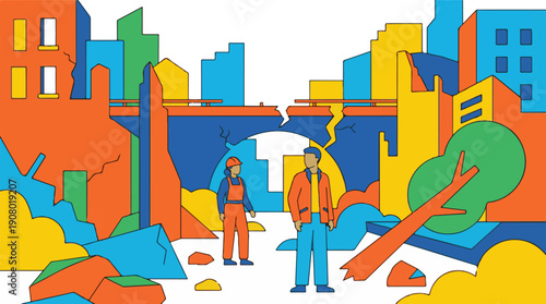 Aftermath of a natural disaster in a colorful, stylized city