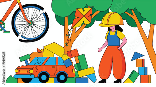 Colorful illustration of person with hard hat next to damaged items and debris