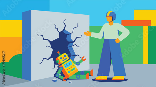 Person in helmet observing a damaged robot after it broke through a wall