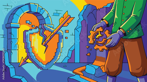 Gaming-inspired illustration of a broken shield and gear repair