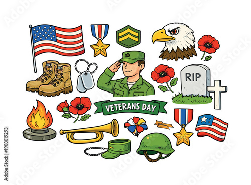 Veterans Day illustration with military symbols and patriotic elements