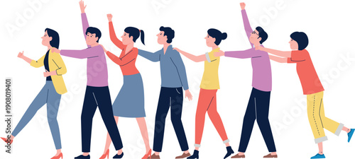 People walking together. Teamwork and cooperation color characters