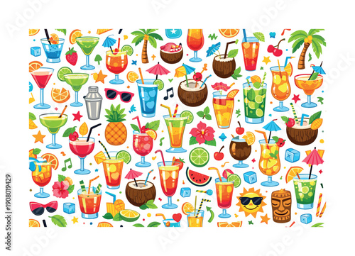 Vibrant tropical cocktails and beach party elements pattern for summer fun