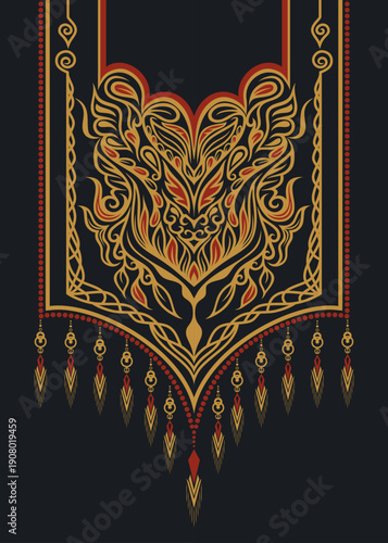 Luxurious ethnic collar neckline design with symmetrical ornamental details. Ideal for garment printing, fashion textiles, scarf borders, traditional wear, luxury apparel, and fabric manufacturing.