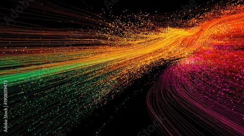 Colorful patterns flow through a dark background to create a dynamic display that captures movement and energy in a digital space