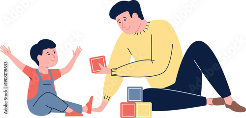 Father teach son play with cube puzzle. Home game