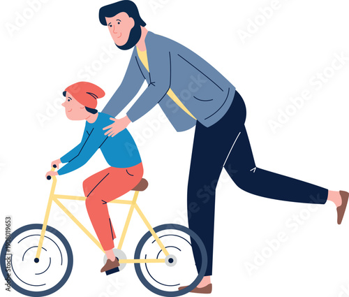 Boy ride bicycle with father help. Parenting icon
