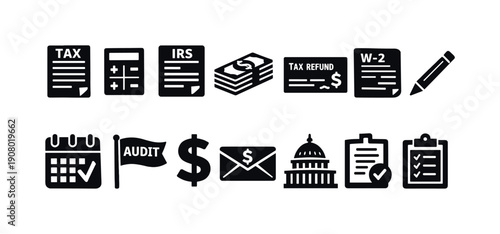 Collection of black tax and finance icons on a white background