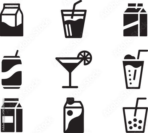 Assorted Flat Black and White Drink and Beverage Icons