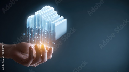 Digital files floating above a hand in a dark background during a technology demonstration about data management and storage solutions