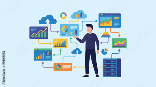 Man analyzing data and business intelligence in cloud computing ecosystem