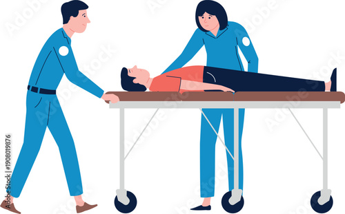 Medical transportation. Paramedics pushing gurney with laying patient