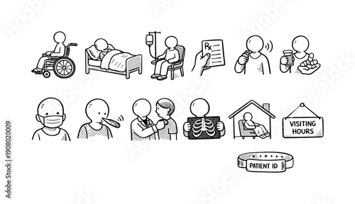 Collection of hand-drawn medical icons representing patient care and hospital services