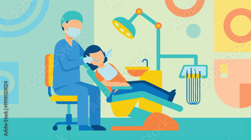 Dentist Examining Patient in Dental Clinic with Modern Flat Design Illustration