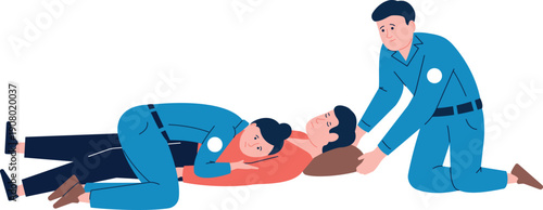 Paramedic check patient breathing and heart beat. Respiratory ventilation procedure.