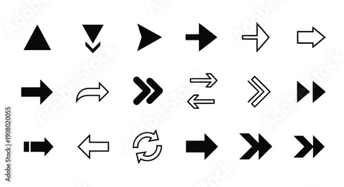 Set of black and white arrow icons featuring flat vector design elements for web buttons and internet sign direction pointers in a professional illustration collection