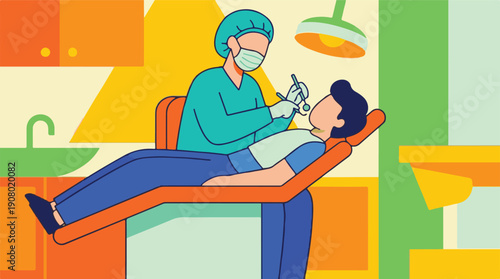 Dental check-up illustration with dentist examining patient in clinic chair
