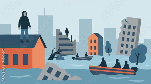 Illustration of city flood with people on rooftops and rescue boats