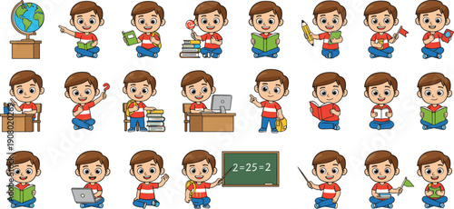 Boy with books globe and school supplies in various learning poses child student