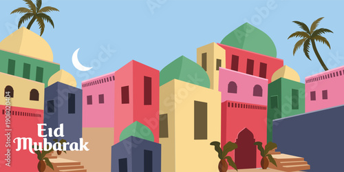 Eid mubarak Minimal mosque architecture poster set. Islamic Geometric style colorful for Ramadan Kareem banner,social media post template. collection of islamic card design with mosque, crescent moon.