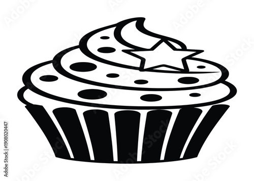 Black and White Line Art Illustration of a Decorated Cupcake with a Star