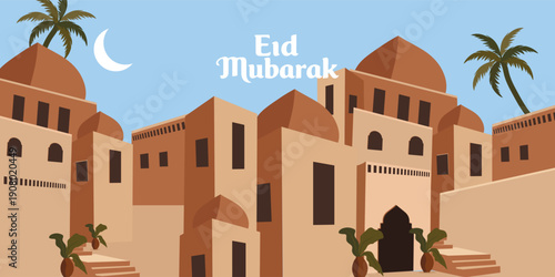 Eid mubarak Minimal mosque architecture poster set. Islamic Geometric style colorful for Ramadan Kareem banner,social media post template. collection of islamic card design with mosque, crescent moon.