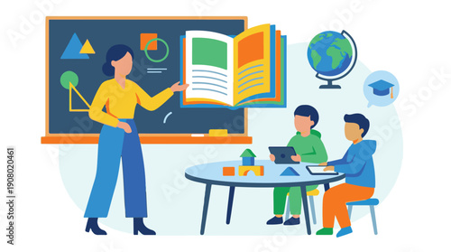 Teacher educating students in classroom with educational elements and tools