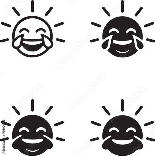 Isolated laugh emoji burst icon, laugh emoji burst silhouette icon, laughing face burst icon, fun symbol, joke graphic, minimal vector, outline solid style, isolated white background