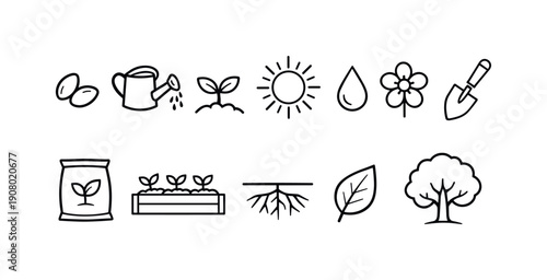 Collection of simple line icons representing the stages of plant growth and gardening essentials