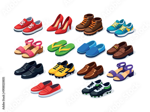 Collection of diverse footwear styles for men, women, and children, presented in isometric view