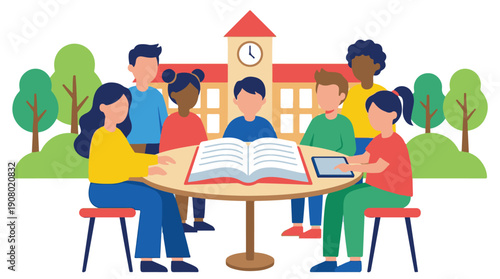 Diverse group of students learning together at school with books and tablet