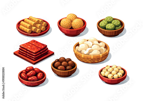 Assortment of traditional Asian snacks and nuts in decorative bowls and plates