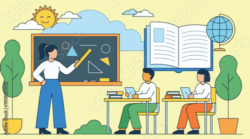 Teacher instructing students in a classroom with digital devices, education concept