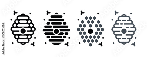 Collection of Beehive and Honeycomb Icons with Flying Bees