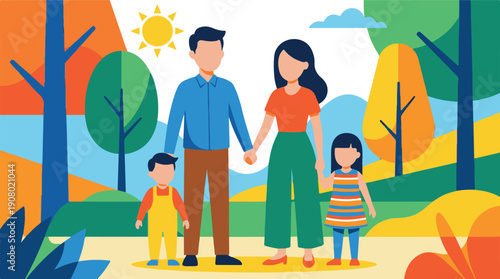 Happy family of four walking hand-in-hand in a vibrant park environment
