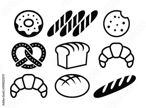 Collection of Black and White Bakery Icons: Donut, Baguettes, Cookie, Pretzel, Bread, Croissants