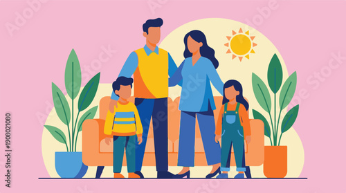 Happy family of four parents and two children in a cozy home setting