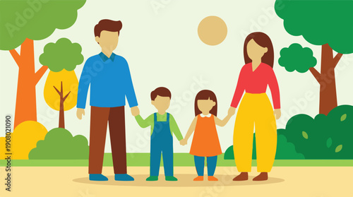 Happy family of four holding hands walking in a park, flat illustration