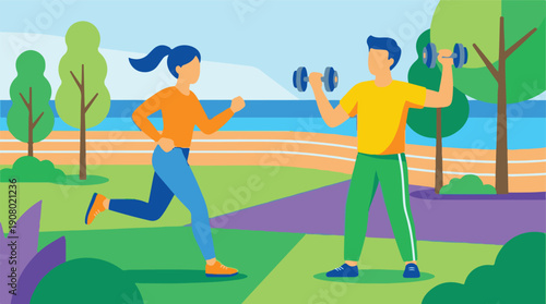 Active couple exercising outdoors, woman running and man lifting weights.