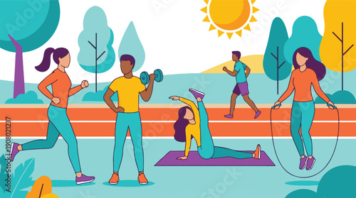 Diverse people doing various exercises and fitness activities in a sunny park