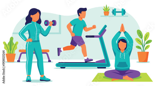 People engaging in fitness and wellness activities indoors, flat illustration