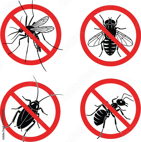 No insects warning icons set, prohibited mosquito fly cockroach ant symbols with red stop sign, pest control vector illustration