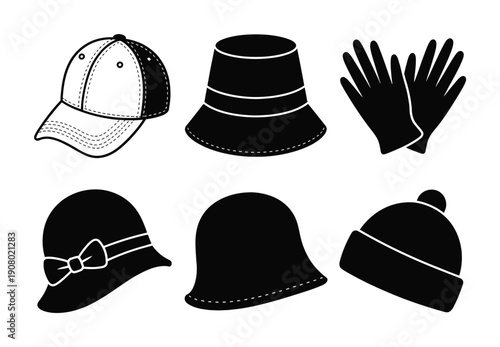 Collection of Black and White Hat and Glove Icons