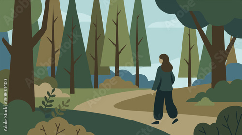 Stylized illustration of a person walking on a path in a peaceful forest