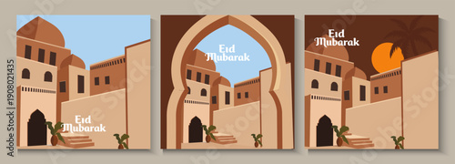 Eid mubarak Minimal mosque architecture poster set. Islamic Geometric style colorful for Ramadan Kareem banner,social media post template. collection of islamic card design with mosque, crescent moon.