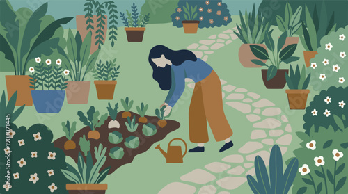Illustration of a woman gardening in a beautiful outdoor vegetable patch