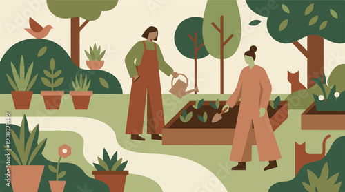 Two women gardening in a minimalist outdoor home garden with plants and trees