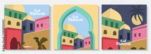 Eid mubarak Minimal mosque architecture poster set. Islamic Geometric style colorful for Ramadan Kareem banner,social media post template. collection of islamic card design with mosque, crescent moon.