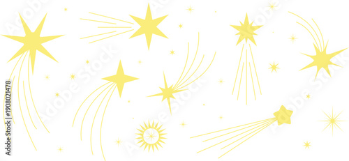 Golden stars sparkling set. Comets and twinkle light rays